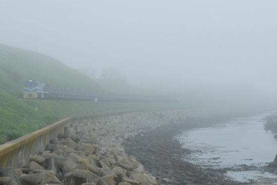 霧の弁天ヶ浜をゆく