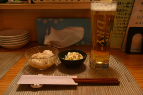 生ビール、お通し